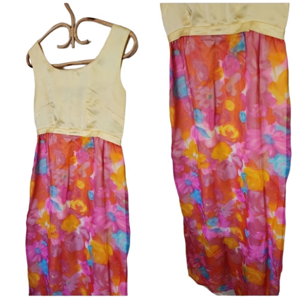 Vintage yellow Pink handmade long floral bright dress - Picture 5 of 8